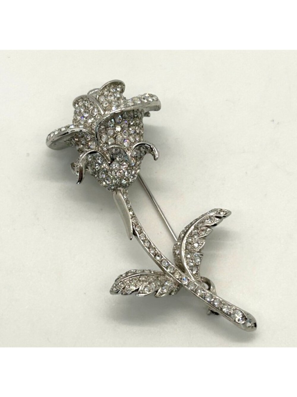 Nolan Miller Anniversary Rose Brooch Pin Pave Rhinestone Silver Tone Vintage